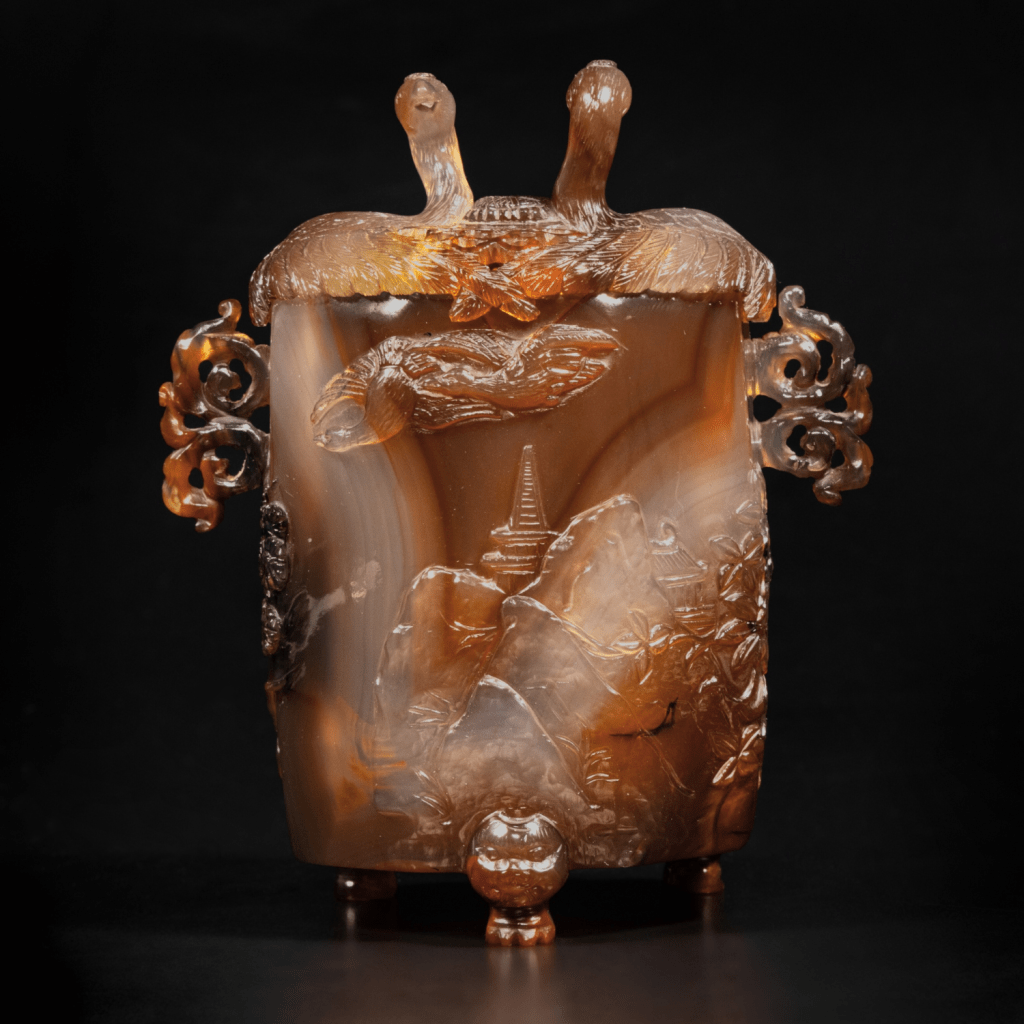 A rare and exceptionally carved agate 'geese' tripod censer and cover, Qing dynasty, Yongzheng / Qianlong period